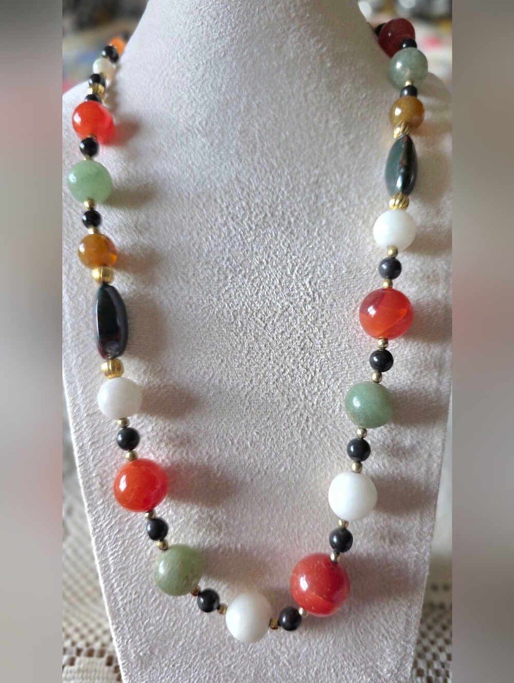 Vintage Multi-Stone Beggar Bead Necklace Carnelian Jade Onyx Bloodstone Jasper